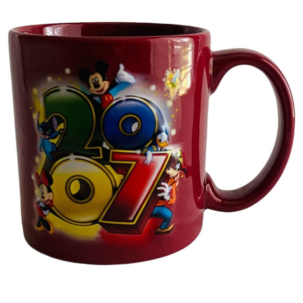 Disney Coffee Mug OS Maroon 2007 Walt Disney‎ World Mickey Mouse Stitch